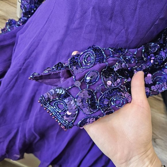Vintage 80s Purple Silk Beaded Cocktail Dress Longsleeve - Picture 6 of 12